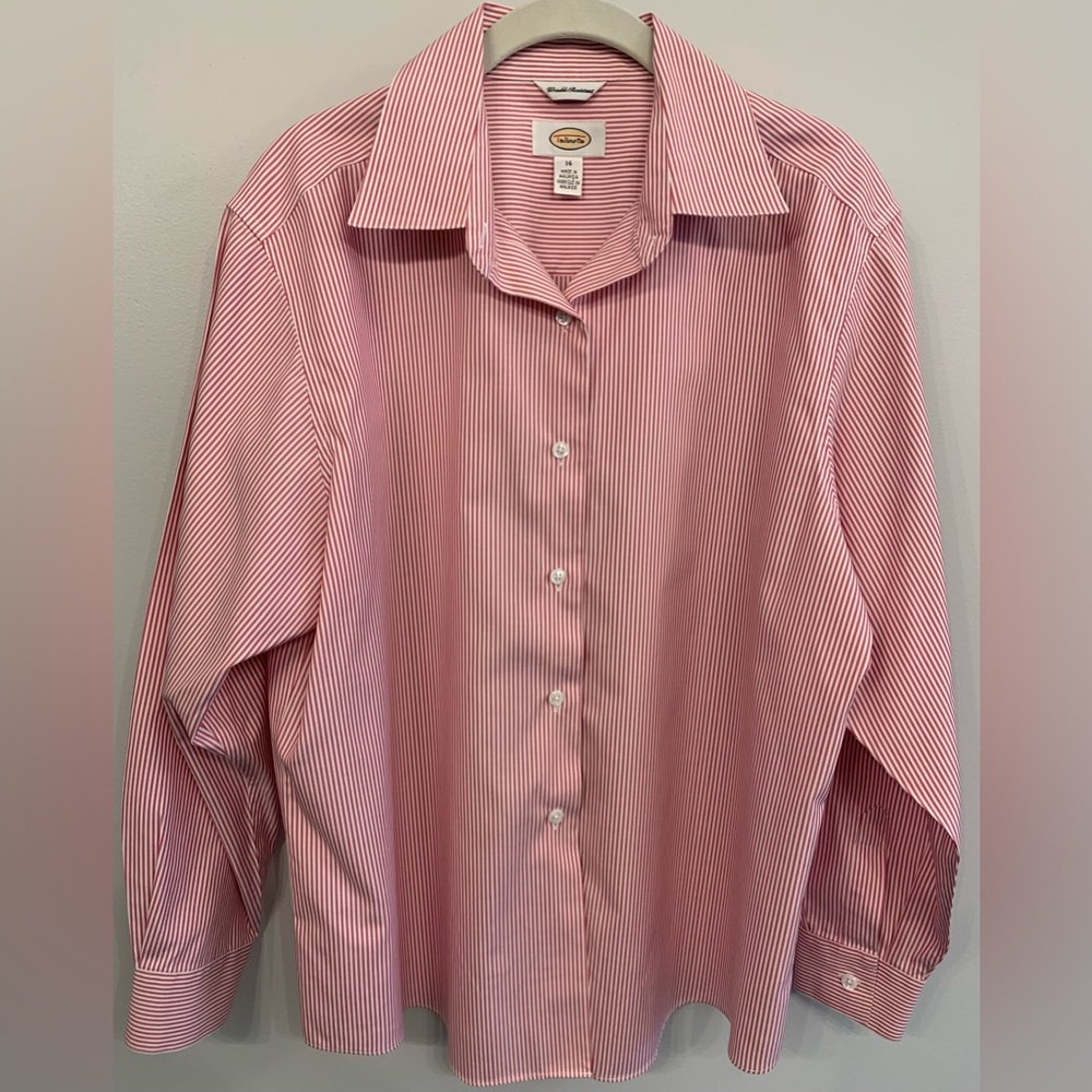 Talbots long sleeve red pin striped blouse; Wrinkle resistant;
